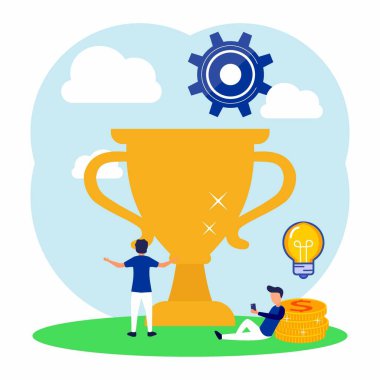 Modern düz vektör çizimi, başarı kavramı, hedeflere ulaşmak, büyük bir kupa kurmak, liderlik pozisyonu almak, zaferi kutlamak, iş ilerlemesini kutlamak..