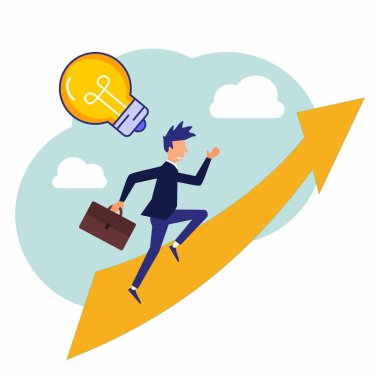 Bir fikir düşünen girişimci karakterinin vektör çizimi. Yeni bir iş projesi hazırlıyorum. Başarı yolunda bir kariyerin ortaya çıkması, düz renk simgeleri, iş analizleri.