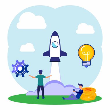 Bir fikir düşünen iki iş adamı için karakter temsilciliği. Yeni bir iş projesi hazırlıyorum. Başarıya kariyer görünümü, düz renk simgeleri, iş analizi.