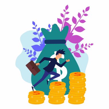 Başarıya giden bozuk para merdivenine tırmanan bir iş adamının temsili. Yeni bir iş projesi hazırlıyorum. Başarıya kariyer görünümü, düz renk simgeleri, iş analizi.