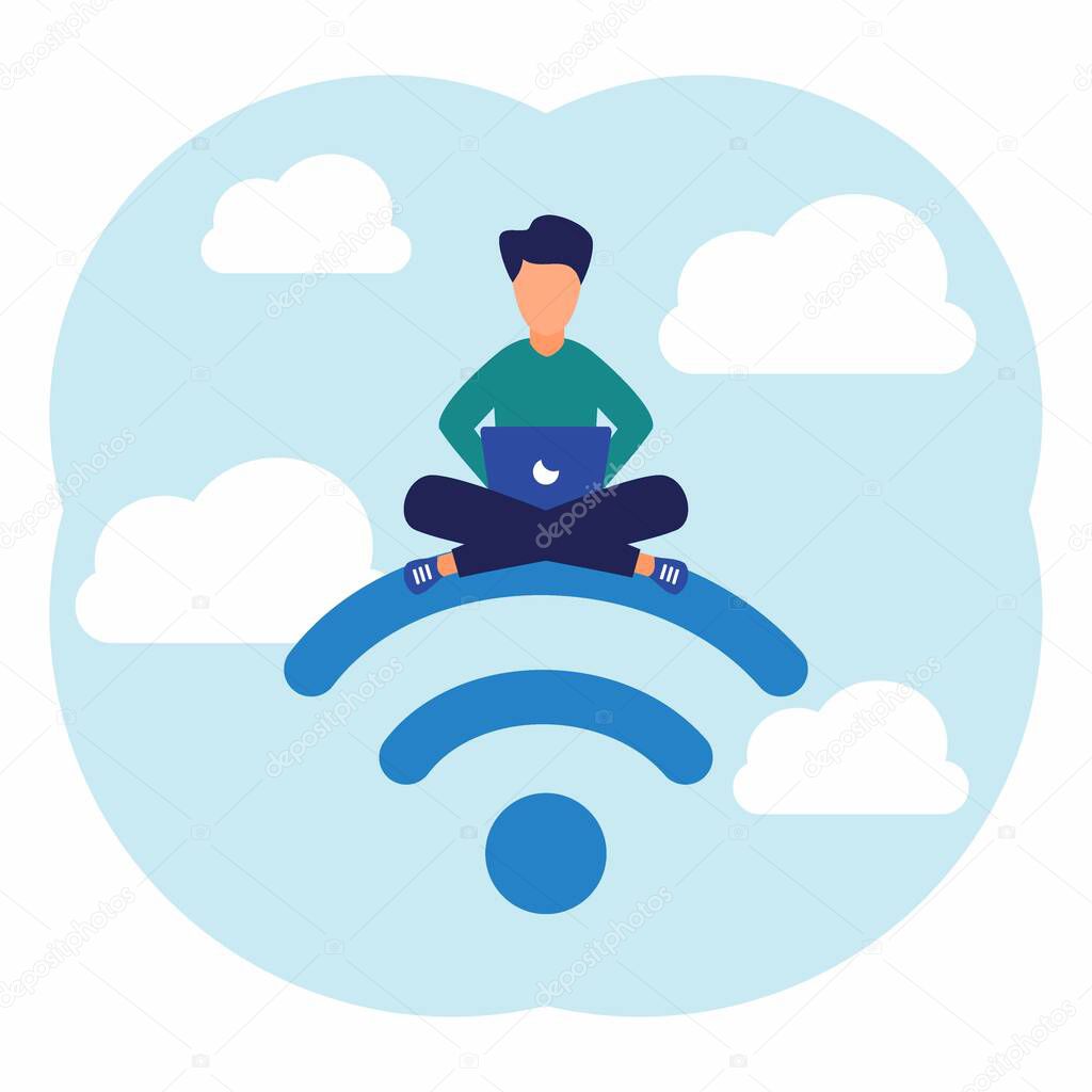 Modern vector illustration, free public wireless connection, Wi-Fi wireless point, For cellular user interfaces, digital data transmission flows through radio channels.