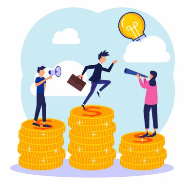 Vektör illüstrasyon, iyileştirme, yatırım yönetimi, ortak inşaat ve nakit karında yer alan şirketler, başarıya giden kariyer büyümesi, düz renk simgeleri, iş analizi.