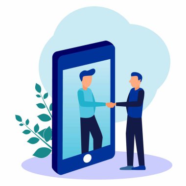 Çevrimiçi işlem anlaşması. yeni bir girişimin açılışı. İş tokalaşması, telefonla 2 adam. Çevrimiçi fikirlere para yatıran düz stil yatırımcılarda vektör illüstrasyonu.