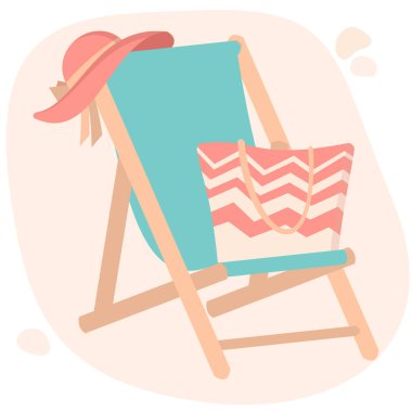 Kumsal şapkası ve çantasıyla güverte sandalyesi. Yaz vektörü düz illüstrasyon.