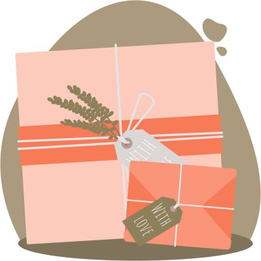 Hediye kutuları ve dekorasyonlar. Hediye için bayram dekoru. Vektör düz çizim. Şirin Bayram Hediye Etiketleri. İki sevimli hediye kutusu..