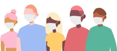 Koru kendini. Erkekler ve kızlar bir virüsle çevrili. Koruyucu maskeler. Tıbbi maske takan genç erkekler ve kadınlar. Vektör tasarımı çizimleri. Coronavirus önleme COVID-19 2019-nCov