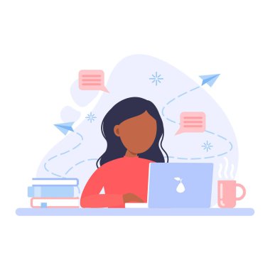 Serbest çalışmak ya da konsept çalışmak. Karantinada uzaktan kumandalı online eğitim. Karakter masada oturuyor, dizüstü bilgisayara bakıyor. Beyaz arkaplanda izole edilmiş vektör düz çizim.