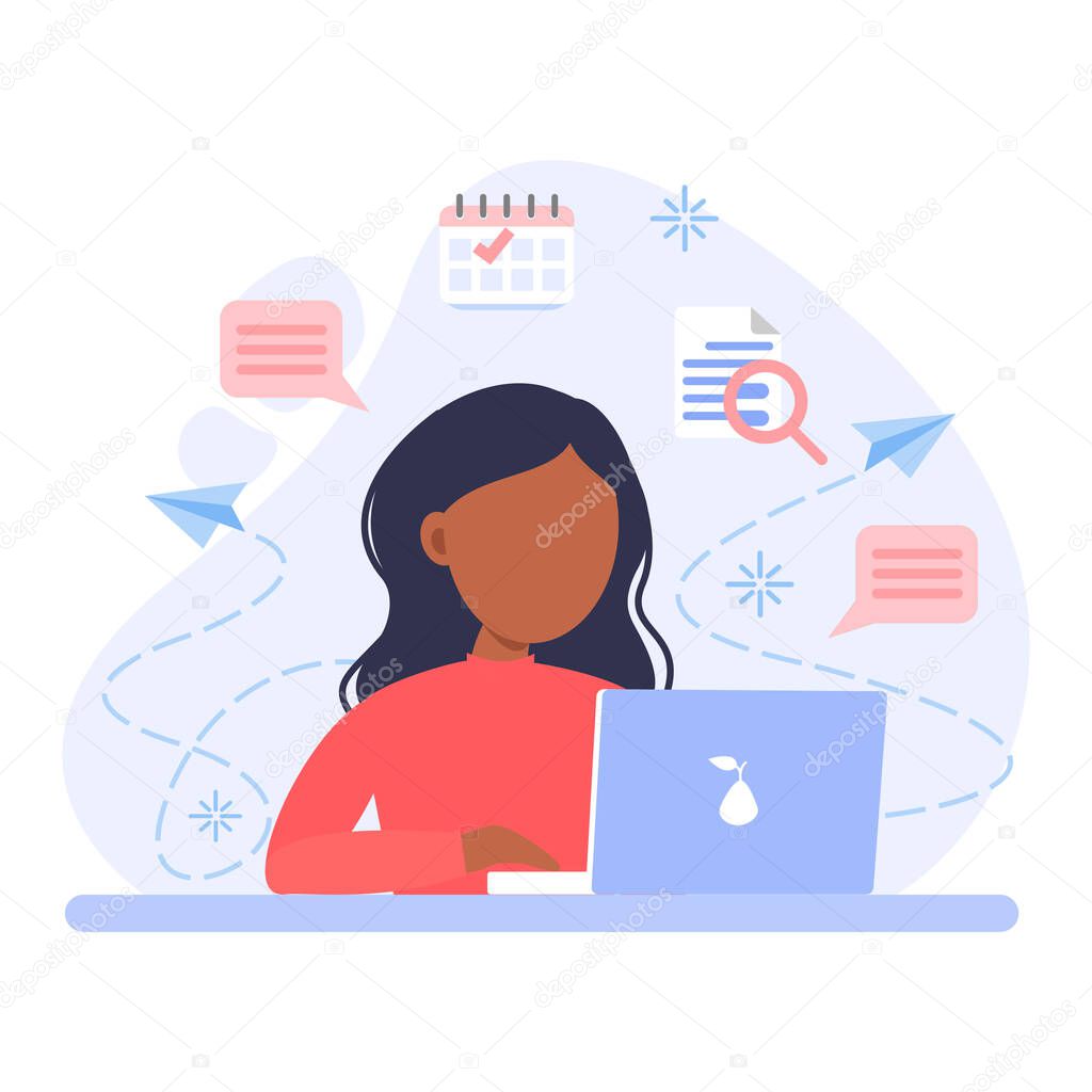 Woman is working at her laptop and the ikons on the background.  Freelancer at home in quarantine. Vector flat style illustration isolated on white background.