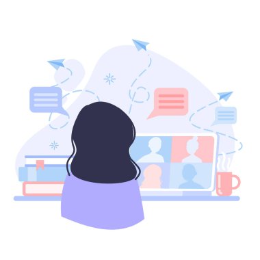 Video konferansı iniyor. Bilgisayar ekranındaki insanlar iş arkadaşlarıyla birlikte. Video konferans ve çevrimiçi sınıflar. Okul çalışmasını evden öğrenin. Telekonferans web video konferansı..