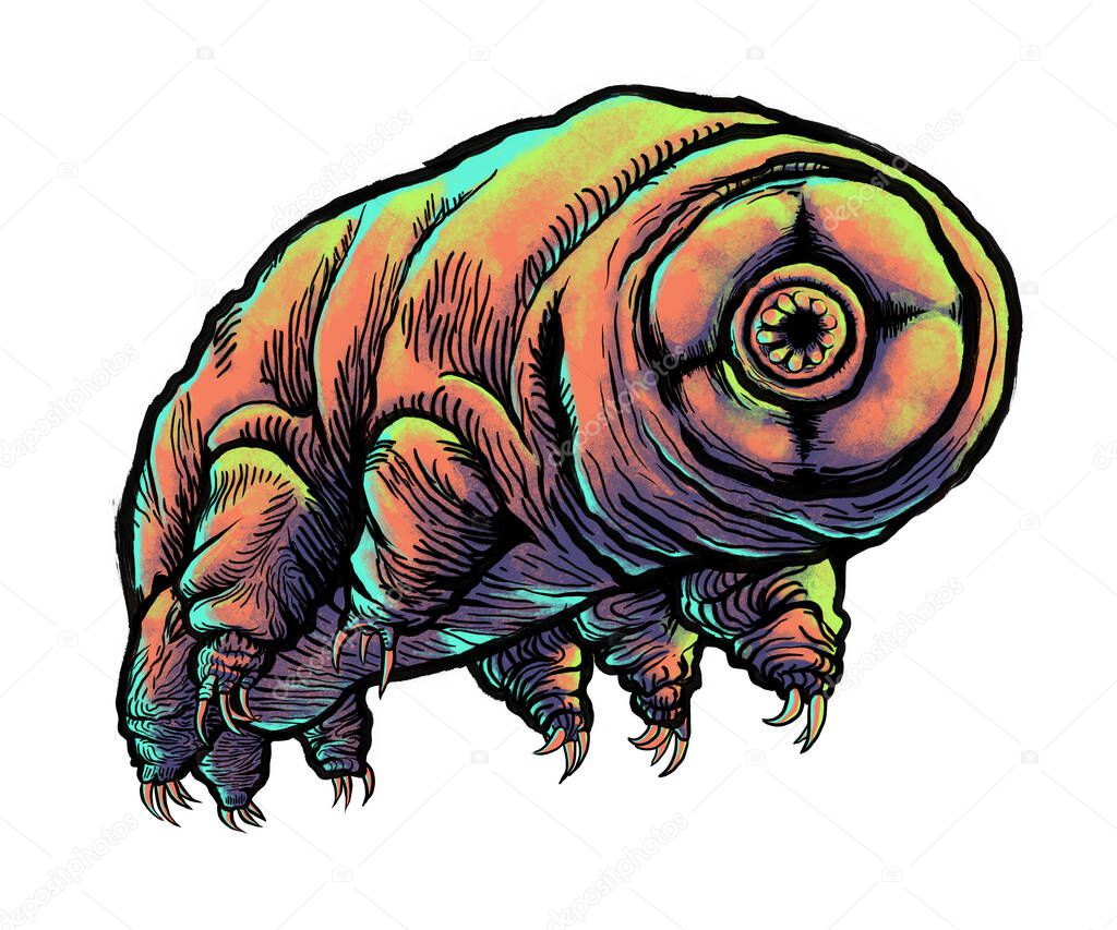 Tardigrade - a neon-coloured illustration of a hovering animal, isolated on a white background; also called a water bear
