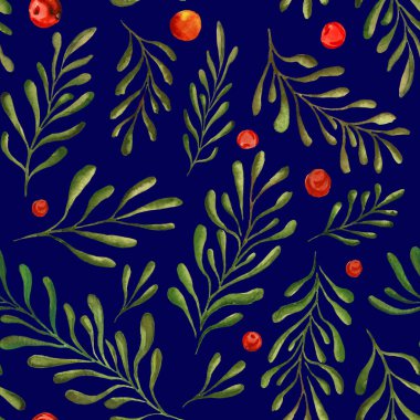 Botanik pürüzsüz desen - dalların el boyası deseni, ve koyu mavi arkaplanda yeşil yapraklar ve böğürtlenler.