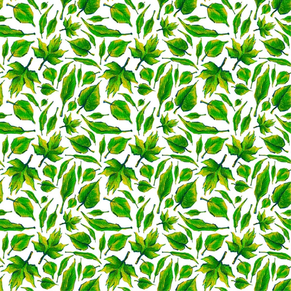 Bright green leaves seamless pattern. Hand-drawn illustration with crayons. Seamless design pattern for textile, paper, packaging, cards.