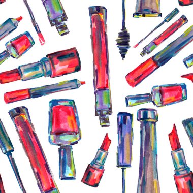 Ruj, oje, dudak parlatıcısı, rimel, krem, kırmızı dudak kalemi. Suluboya parfüm ve kozmetik ürünlerinin moda çizimi. Güzellik kartı için klasik tasarım.