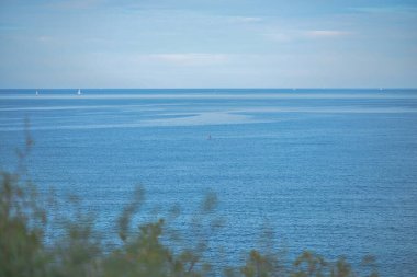 Akdeniz 'de yalnız sörfçü, yatların ve ufkun arka planlarına karşı..