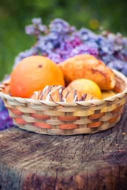 Sepet dolusu meyve, timsah ve ormandaki kütükte bir demet leylak.