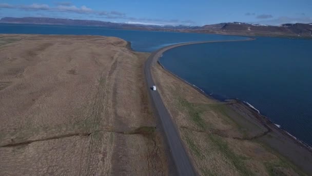 Aerial Camper Driving Empty River Road Bridge — Stock Video