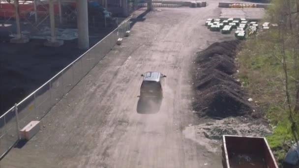 Aerial Slow Motion Black Suv Dirt Road — Stock Video