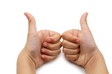 Beyaz arka planda iki eli olan iyi bir süper parmak hareketi.