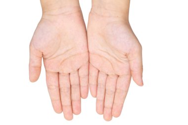 Bir çocuğun iki avucunu aç, lütfen, bir jest yap, beyaz bir arka plan ver.