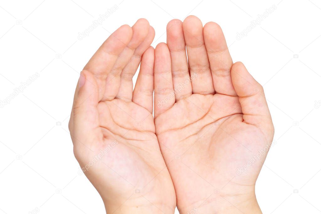 two hands in an offer gesture on a white background