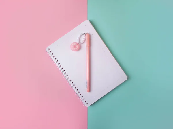 Плоске Компонування Порожньої Блокноти Рожевою Ручкою Барвистому Фоні — стокове фото