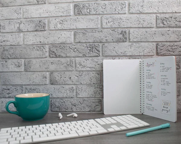 Concept Layout Work Place Keyboard Planner Cup — Stock Photo, Image