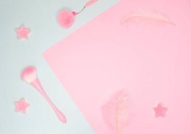 Düz pembe aksesuarlar. Makyaj fırçası, mum ve tüy.