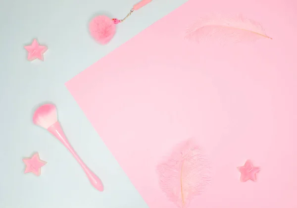 Flat Lay Pink Accessories Make Brush Candles Feathers — Stock Photo, Image