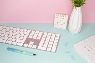 Bir iş hayatının yan görüntüsü. Kadınlar için iş yeri. Şirin nane, pembe renkler ve aksesuarlar. Klavye, takvim, çiçekli vazo ve not defteri.