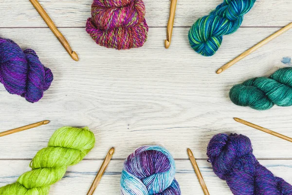 Flat Lay Beautiful Skeins Purple Green Tones Wooden Table Copy — Stock Photo, Image