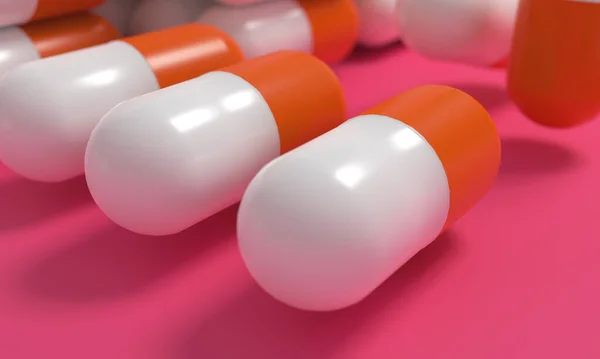 Kapsül ilaç hapları, sağlık eczanesi konsepti. İlaç tedavisi için ilaç. Pembe arka planda turuncu beyaz kapsüller yığını. 3d illüstrasyon