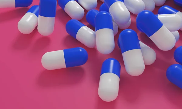 Kapsül ilaç hapları, sağlık eczanesi konsepti. İlaç tedavisi için ilaç. Pembe arka planda mavi beyaz kapsüller yığını. 3d illüstrasyon