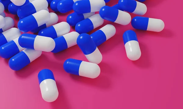 Capsule medicine pills, health pharmacy concept. Drugs for treatment medication. Heap of blue white color capsules on pink background. 3d illustration