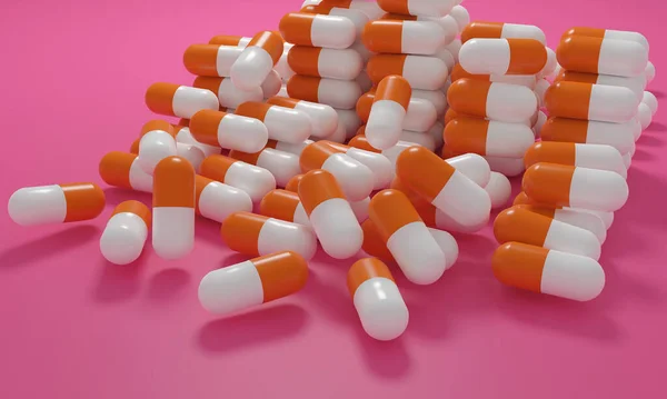 Capsule medicine pills, health pharmacy concept. Drugs for treatment medication. Heap of orange white color capsules on pink background. 3d illustration