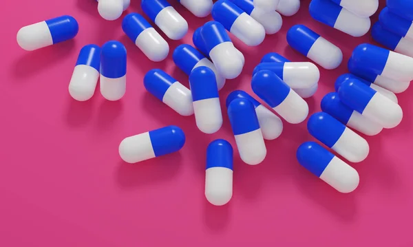 Capsule medicine pills, health pharmacy concept. Drugs for treatment medication. Heap of blue white color capsules on pink background. 3d illustration