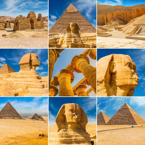 エジプト旅行のコラージュ 正方形の写真スフィンクス ピラミッド ファラオの墓 古代遺跡 休暇のコンセプトの背景 — ストック写真
