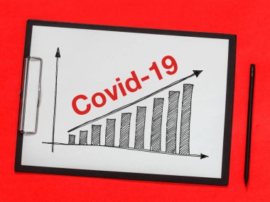 Covid-19 enfeksiyon büyüme grafiği tablet üzerinde kırmızı zemin üzerinde beyaz kağıt ile. Virüs yayılımı ya da koronavirüs konsepti