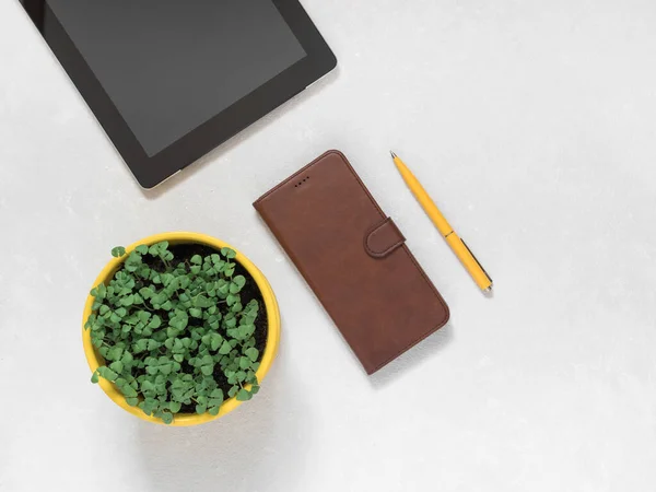 Arbeitsplatzzubehör für das Online-Arbeiten. Tablet, Telefon, Stift, Blumentopf mit frischem mikrogrünem Basilikum auf weißem Hintergrund — Stockfoto