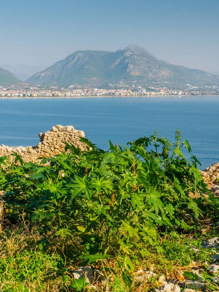 Alanya, Turquía. Hermosa vista desde la fortaleza Alanya Castillo del Mar Mediterráneo y playa al atardecer. Fondo de la postal de vacaciones — Foto de Stock