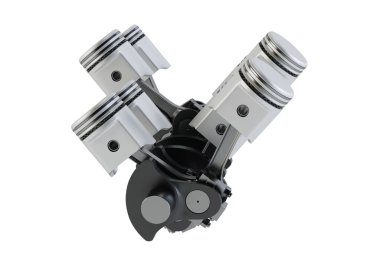 Pistonlar ve krank mili beyaz zemin üzerinde. V8 motoru. 3D render.