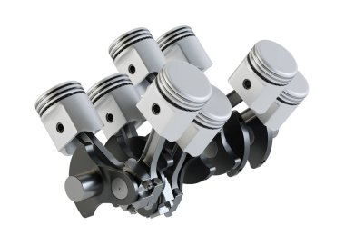 Pistonlar ve krank mili beyaz zemin üzerinde. V8 motoru. 3D render.