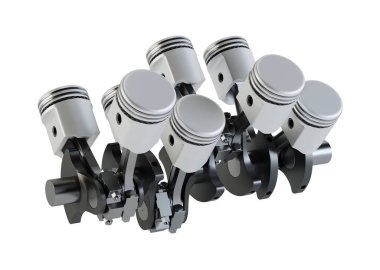 Pistonlar ve krank mili beyaz zemin üzerinde. V8 motoru. 3D render.