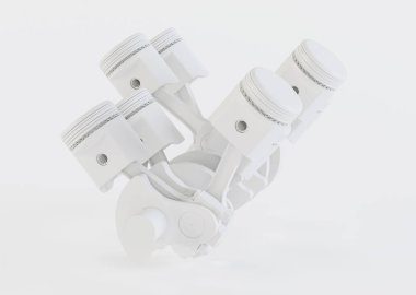 Pistonlar ve krank mili beyaz zemin üzerinde. V8 motoru. 3D render.