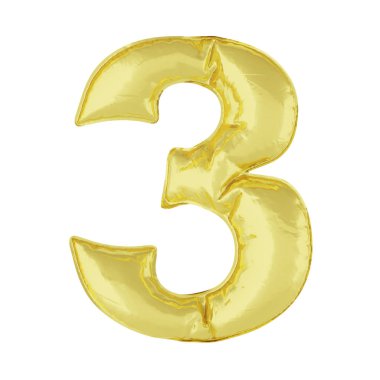 Beyaz bir arka plan üzerinde metal balon. Altın 3 bir numara. İndirim, satış, tatil, yıldönümleri. 3D render