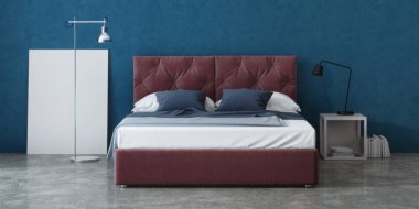 Mavi duvarlı bir yatak odası iç tasarım. 3D render.