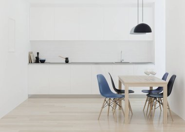 Modern mutfak iç mimarisi. 3B görüntüleme.