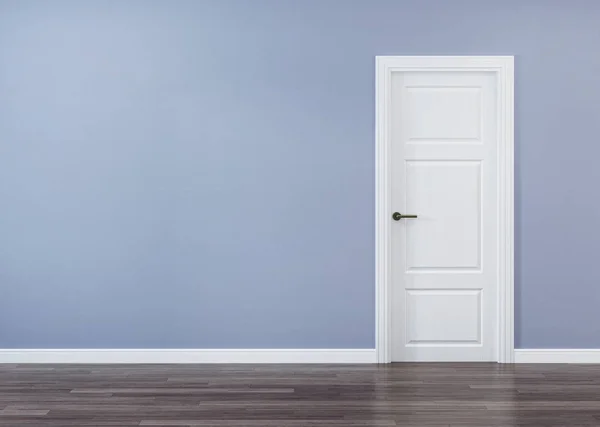 White door in the interior with a blue wall. 3D rendering.