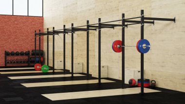 Spor salonu. CrossFit. Çapraz akışlı donatımı. 3D render.