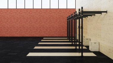 Spor salonu. CrossFit. Çapraz akışlı donatımı. 3D render.
