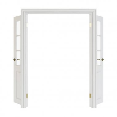 Çift yaprak cam kapılarla. Beyaz arka plan üzerinde izole iç kapılar. 3D render.